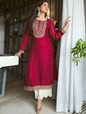 Women maroon yoke design embellished kurta 1
