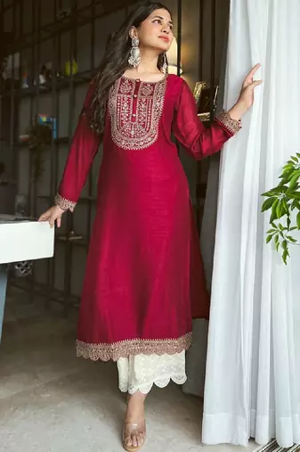 Women maroon yoke design embellished kurta