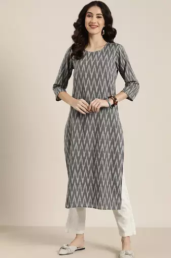 Women grey ikat printed casual kurta