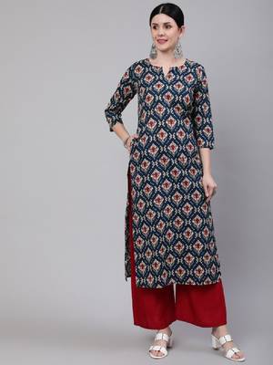 Women blue & red ethnic motifs printed kurta 1
