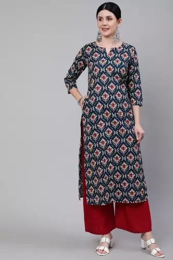 Women blue & red ethnic motifs printed kurta