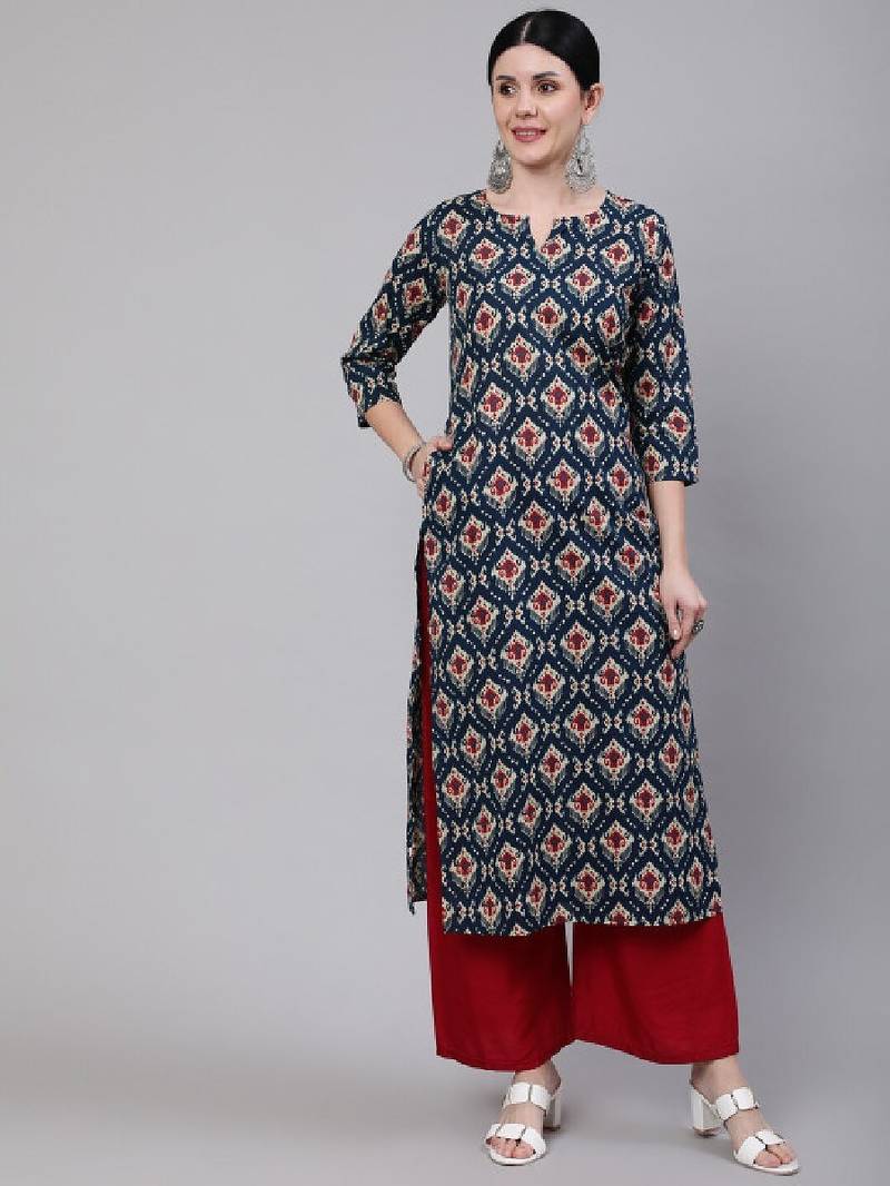 Women blue & red ethnic motifs printed kurta