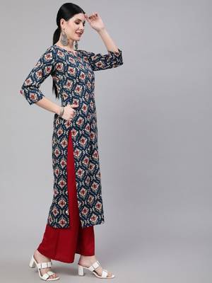 Women blue & red ethnic motifs printed kurta 3