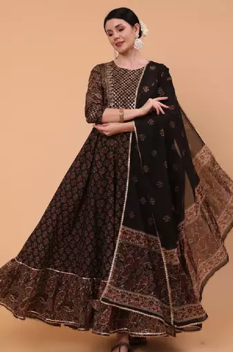 Women floral printed embroidered gotta patti pure cotton anarkali kurta