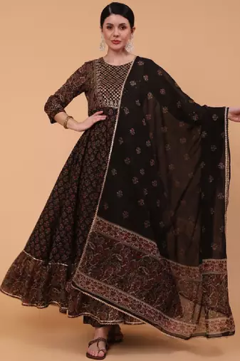 Women floral printed embroidered gotta patti pure cotton anarkali kurta