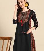 Floral yoke printed mirror work kurta