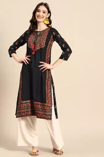 Floral yoke printed mirror work kurta