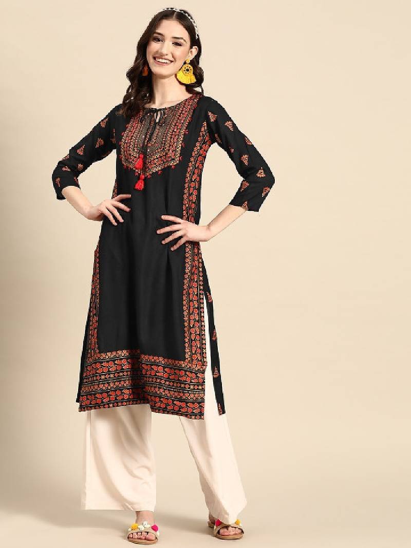 Floral yoke printed mirror work kurta