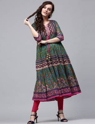 Women green & pink printed anarkali kurta 1