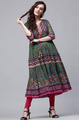 Women green & pink printed anarkali kurta