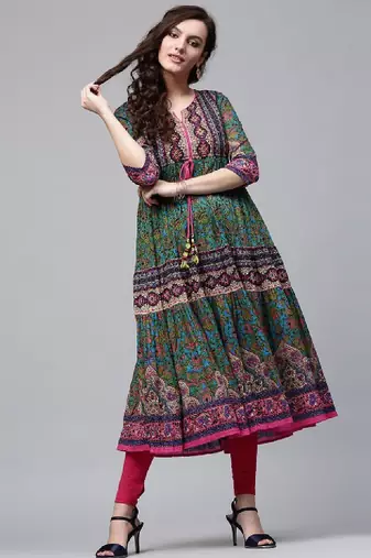 Women green & pink printed anarkali kurta