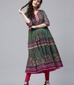 Women green & pink printed anarkali kurta