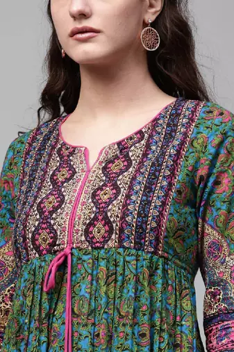 Women green & pink printed anarkali kurta