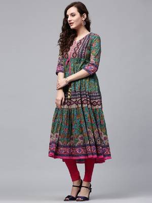 Women green & pink printed anarkali kurta 3