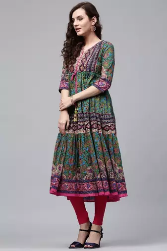 Women green & pink printed anarkali kurta