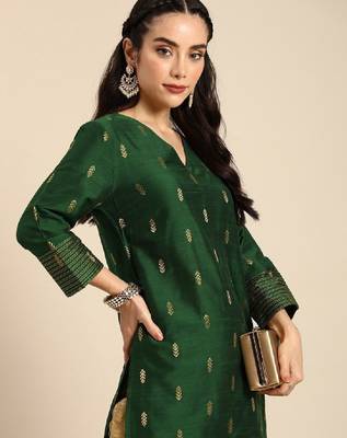 Women green & gold-toned ethnic motifs dobby kurta 1
