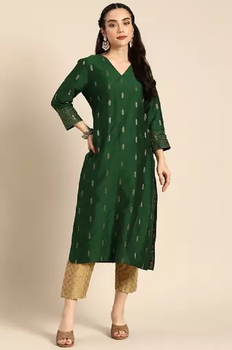 Women green & gold-toned ethnic motifs dobby kurta