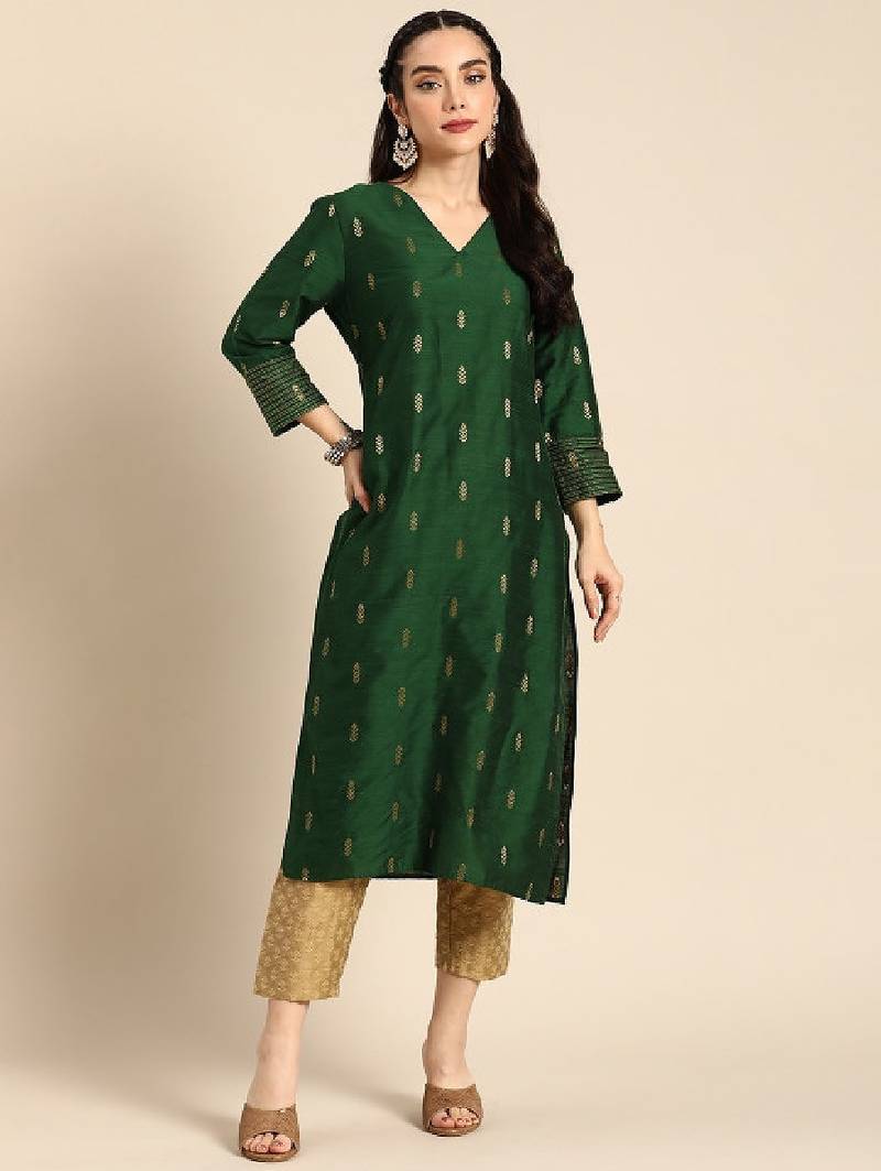 Women green & gold-toned ethnic motifs dobby kurta