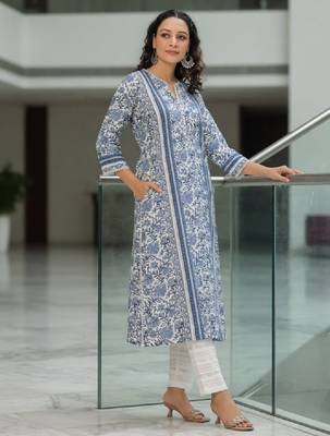 Blue floral printed a-line pure cotton kurta 1