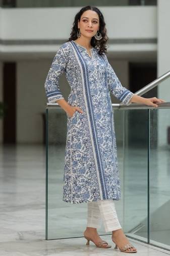 Blue floral printed a-line pure cotton kurta