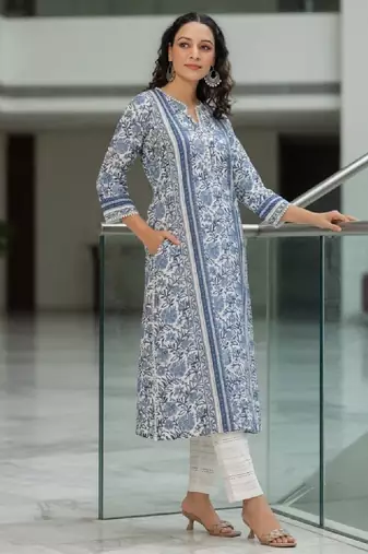 Blue floral printed a-line pure cotton kurta
