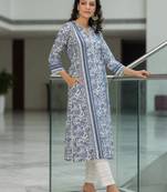 Blue floral printed a-line pure cotton kurta