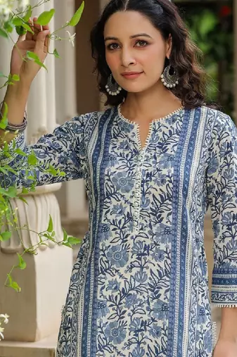 Blue floral printed a-line pure cotton kurta