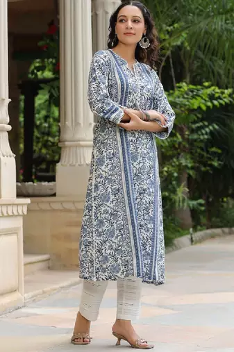 Blue floral printed a-line pure cotton kurta