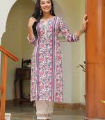 Pink floral printed a-line pure cotton kurta