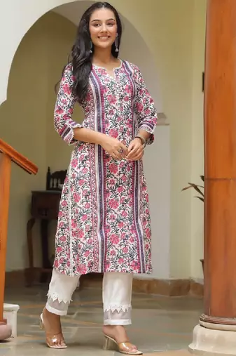 Pink floral printed a-line pure cotton kurta