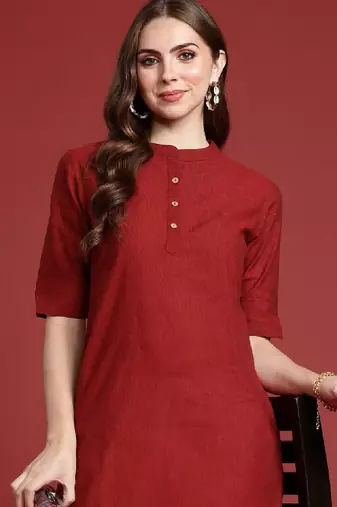 Women solid mandarin collar cotton straight kurta
