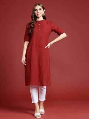 Women solid mandarin collar cotton straight kurta 3