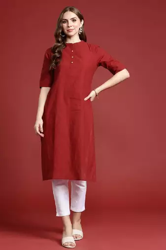 Women solid mandarin collar cotton straight kurta