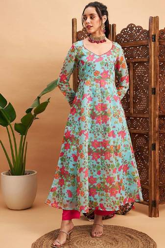 Blue & pink floral printed v- neck chanderi silk anarkali kurta