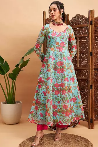 Blue & pink floral printed v- neck chanderi silk anarkali kurta