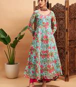 Blue & pink floral printed v- neck chanderi silk anarkali kurta