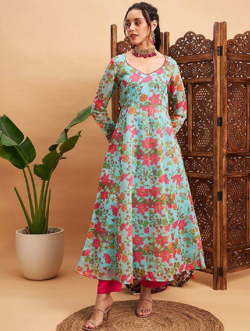 Blue & pink floral printed v- neck chanderi silk anarkali kurta