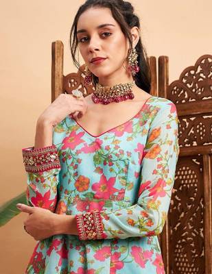 Blue & pink floral printed v- neck chanderi silk anarkali kurta 2