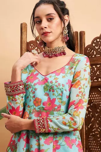 Blue & pink floral printed v- neck chanderi silk anarkali kurta