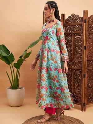 Blue & pink floral printed v- neck chanderi silk anarkali kurta 3