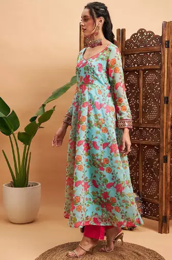 Blue & pink floral printed v- neck chanderi silk anarkali kurta