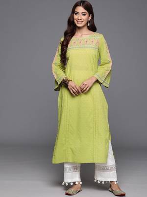 Women embroidered flared sleeves thread work boat neck kurta 1