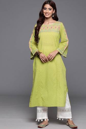 Women embroidered flared sleeves thread work boat neck kurta