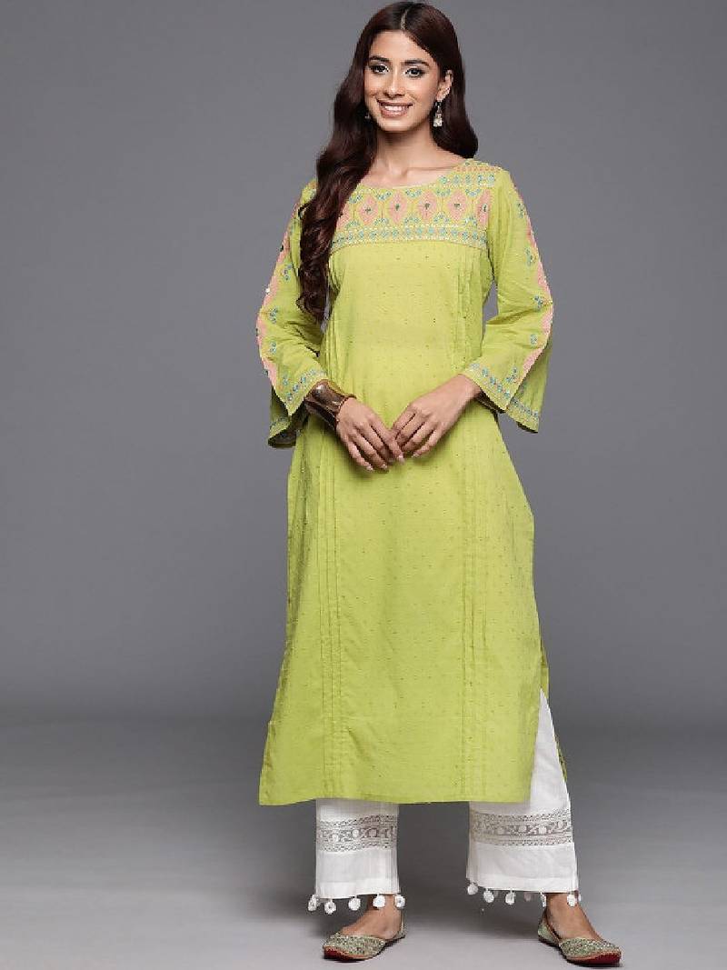 Women embroidered flared sleeves thread work boat neck kurta