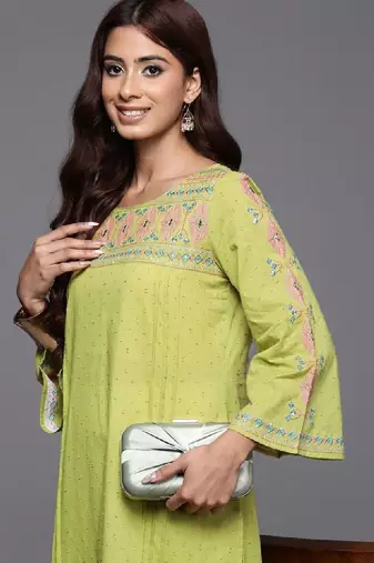 Women embroidered flared sleeves thread work boat neck kurta