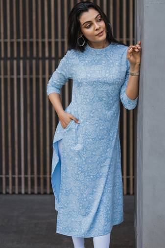 Women ethnic motifs printed thread work high-low a-line kurta