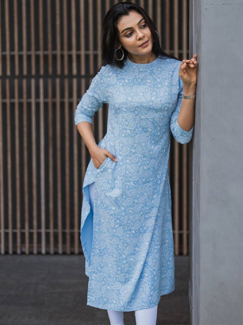 Women ethnic motifs printed thread work high-low a-line kurta