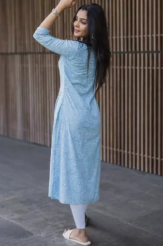 Women ethnic motifs printed thread work high-low a-line kurta