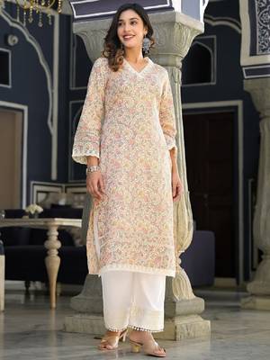 Floral printed v-neck thread work straight kurta 1