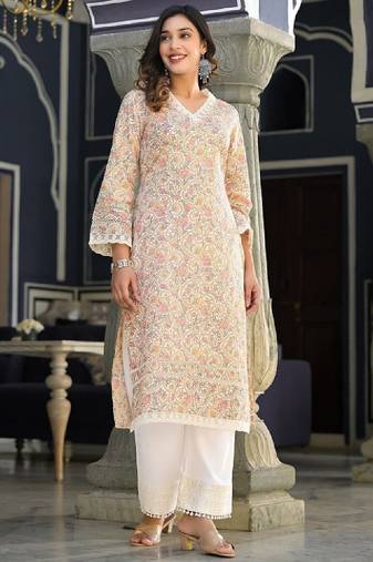Floral printed v-neck thread work straight kurta